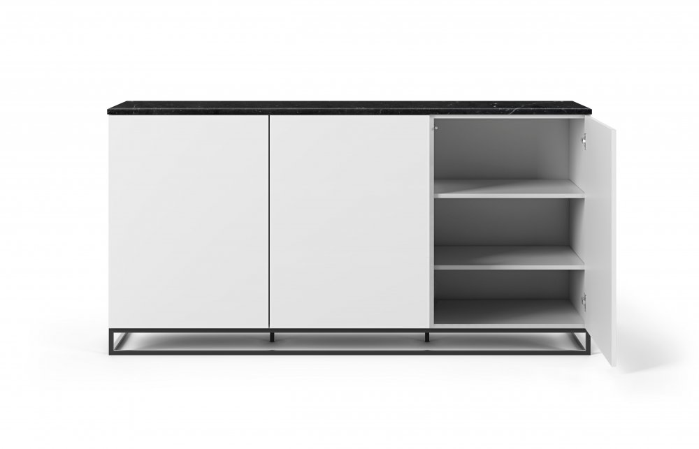 Buffet WHITY blanc mat 180cm 3 portes Plateau en Marbre noir avec piètement noir